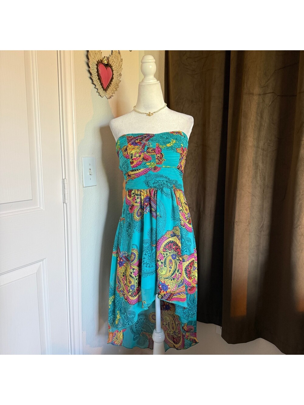 Marineblu Turquoise Paisley High/Low Strapless Dress Boho Smocked Floral Sz S